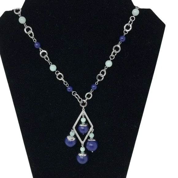 Lia Sophia Necklace Long Silvertone Blue Green Beads Statement‎