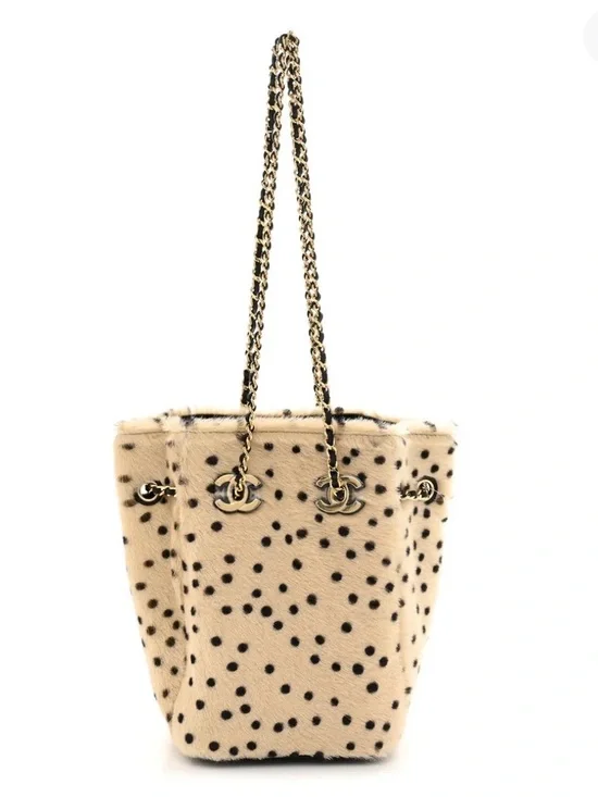 2026 Chanel Pony Hair Cheetah Fur Bucket Bag with Chain Straps - Beige/Black