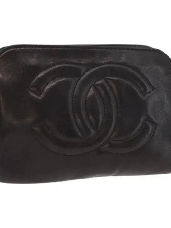 CHANEL Pouch Lamb Skin Black Gold CC Auth fm5050