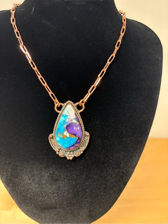 Handcrafted Copper Teardrop Purple & Turquoise Dahlia Stone Pendant Necklace
