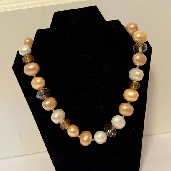 VINTAGE NECKLACE TRICOLOR FAUX GLASS PEARLS BEADS FAUX SMOKY QUARTZ CRYSTAL