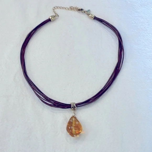 Lia Sophia Buona Sera amber pendant brown leather cord necklace