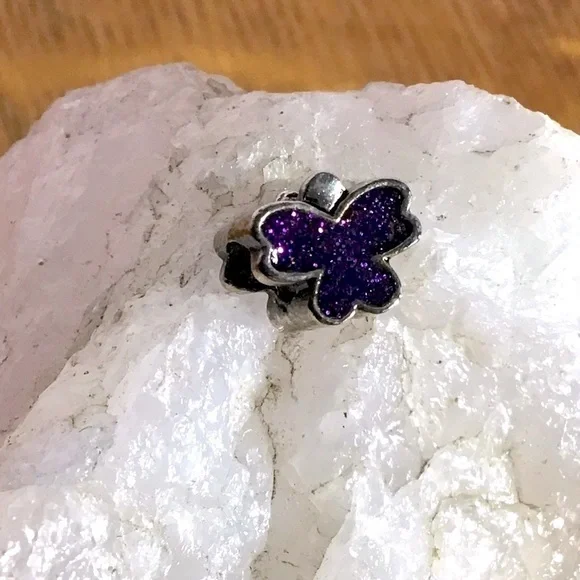 Purple Butterfly Silver Tone Glitter Charm Bead Spacer