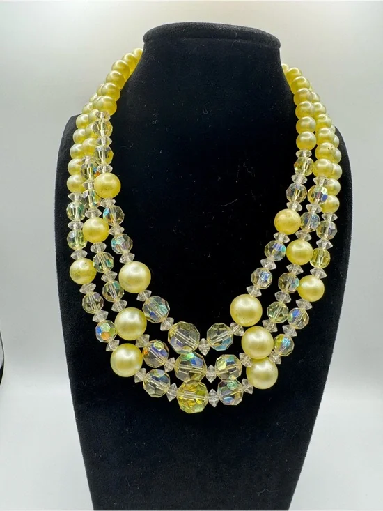 Vintage Triple-Strand Yellow Faux Pearl and AB Crystal Necklace