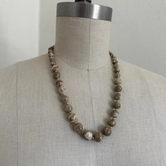 Vintage Stone 20” Beaded Necklace Earth Tone Marble Beads Boho 1940s