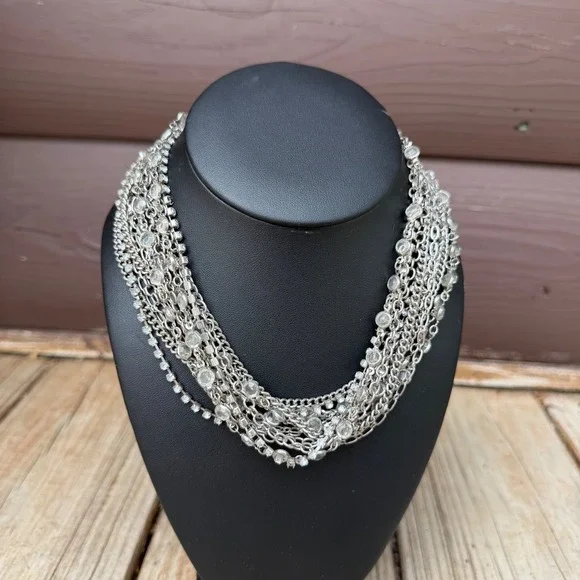 WHBM Silver Tone Multi Strand Layered Statement Necklace Rhinestone Crystal 18