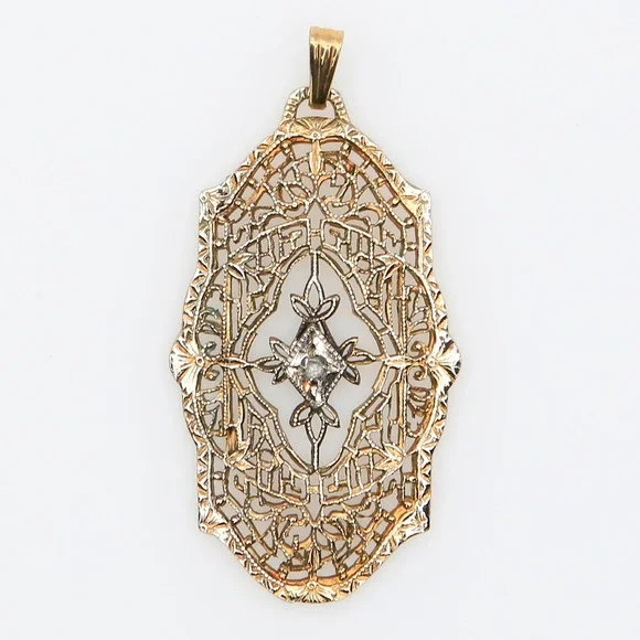 Antique Art Deco 12K GFK Filigree Pendant Diamond Accent 1930s