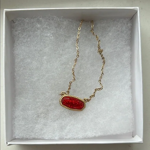 Gold Chain Necklace with Red Sparkle Pendant