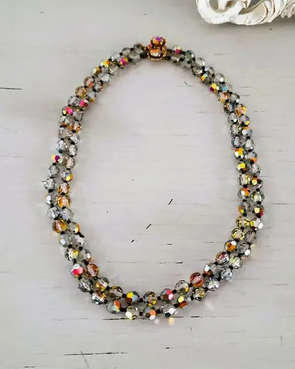 Vintage Smokey Glass AB Faceted Double Bead Strand Necklace with Box Clasp