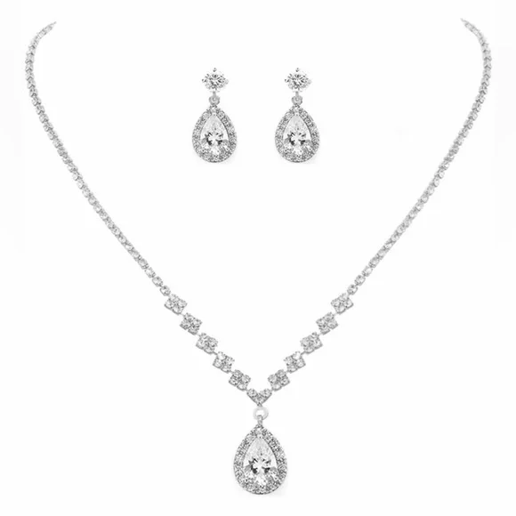 Crystal Necklace Earrings Jewelry Set Bridal Wedding Prom Costume A- Silver NWT