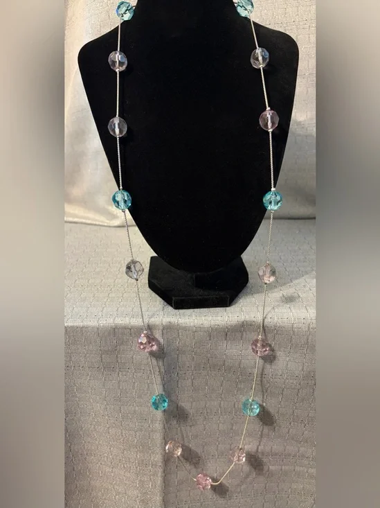 Long Beaded Station Necklace in Aqua and Lilac - Women Jewelry