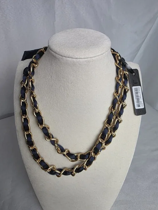 J.Crew New Long Gold Tone Chain Midnight Blue Ribbon Necklace
