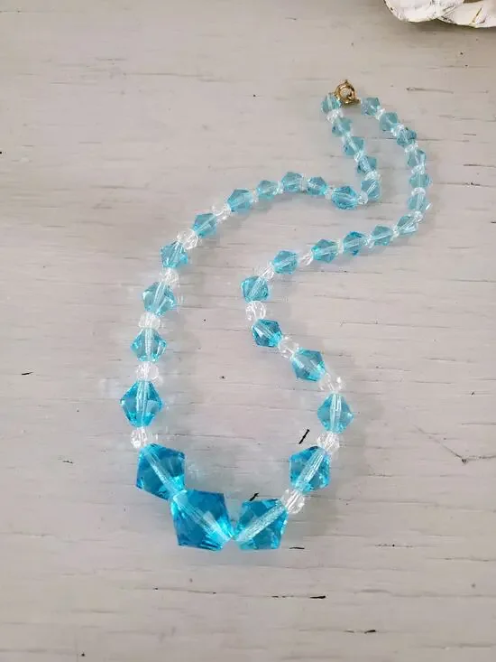 Vintage Light Blue and Clear Faceted Graduated Bead Necklace