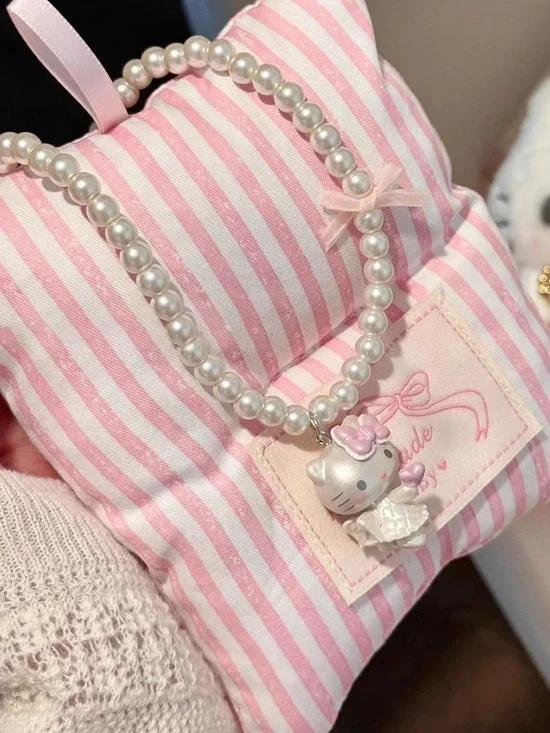 Hello Kitty Pearl Necklace with Pink Bow and White Kitty Charm