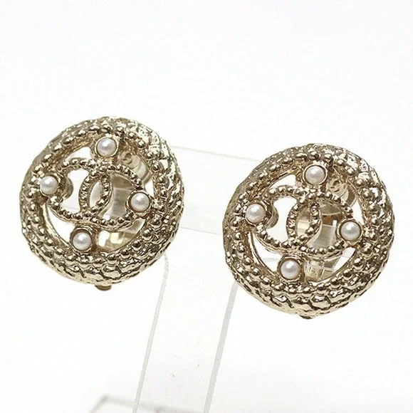 CHANEL Gold Pearl Logo Earrings