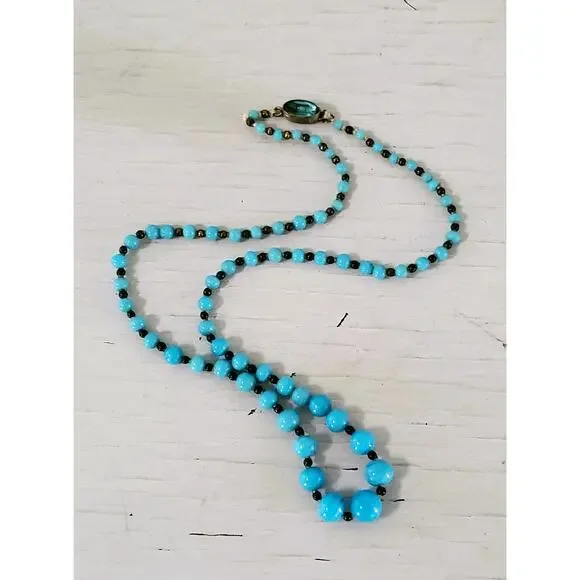 Vintage Czechoslovakia Blue Glass Graduated Bead Necklace with Crystal Box Clasp