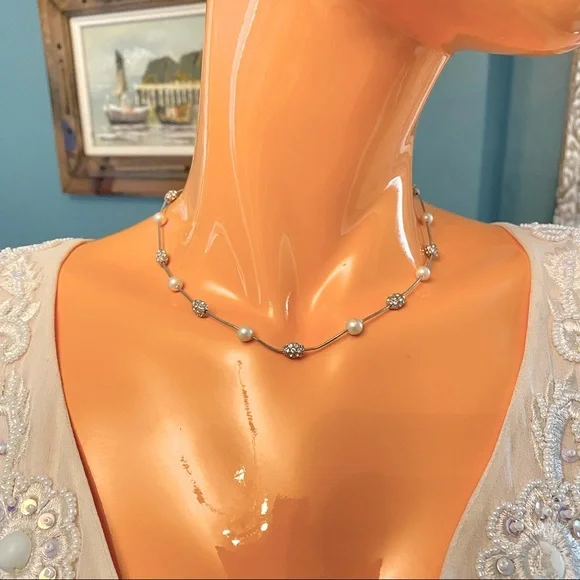 Faux Pearl and Pavé Rhinestone Station Necklace Choker