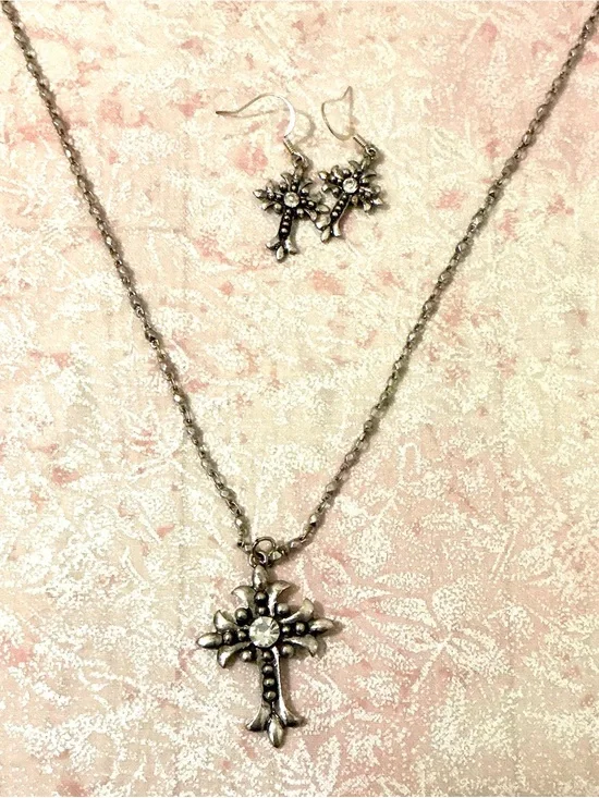 Silver Cross Pendant Necklace with Matching Earrings - Silver