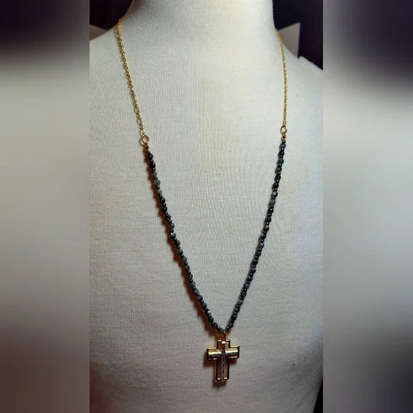 Long Gold and Silver Cross Black Beaded Necklace Winter Sweater Perfect NWOT