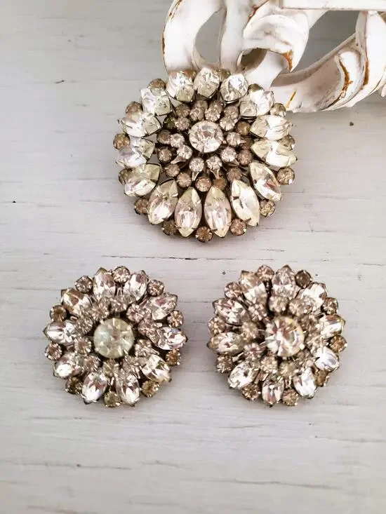 Vintage Clear Rhinestone Dome Brooch and Earring Set