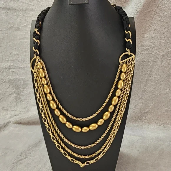 Talbots Signed Multi Strand Necklace Black Ribbon Gold Chain Draped Statement