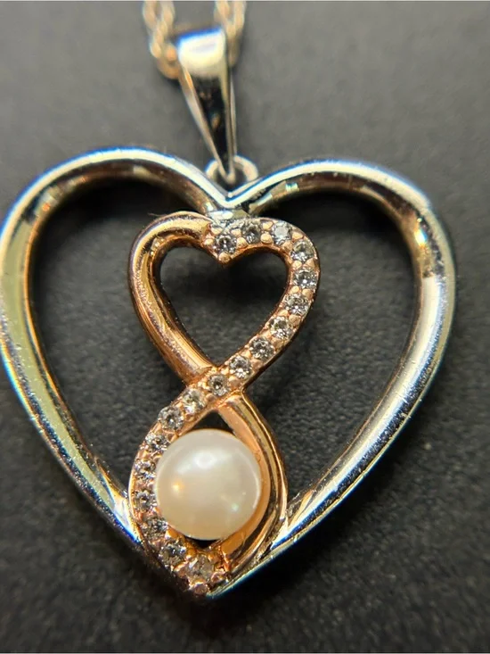 Two-Tone Heart Diamond & Pearl Infinity Necklace - Gold and Silver