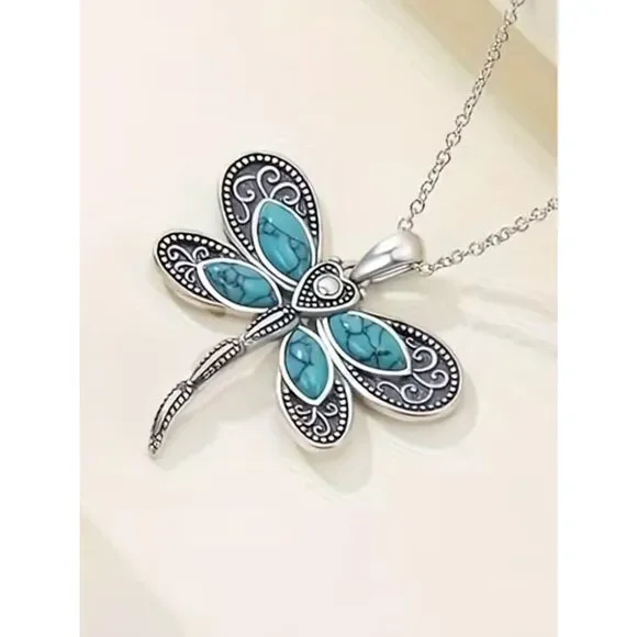 Boho Dragonfly Pendant Inlaid Faux Turquoise Intricate Carved Patterns Necklace