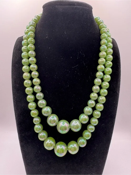 Vintage Japan Double-Strand Graduated Green Iridescent Bead Necklace