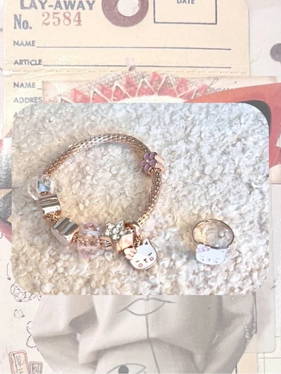 (kids) 🎉Rose Gold Cat Heart Star Crystal Charm Bracelet & Cat Ring