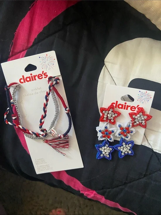 Claire's Red, White & Blue Star Earrings and Braided Anklet Set