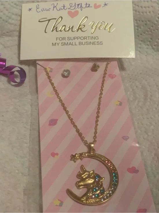 Private Label Gold Unicorn Moon Pendant Necklace Earring Set Pink Blue Crystals
