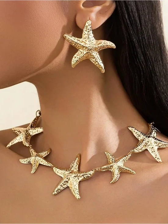Gold Starfish Statement Necklace & Earrings Set