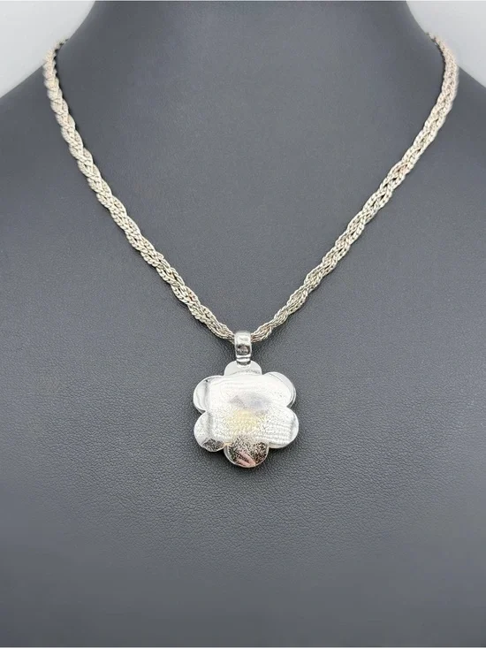 Vintage 925 Sterling Silver Flower Charm Pendant & Multi-Strand Braided Chain