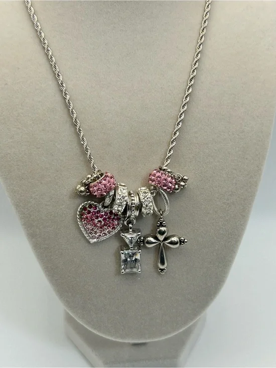Sparkling Pink Crystals Charm Necklace Silver-tone Cross 30