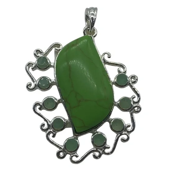 Green Turquoise Gemstone Sterling Silver 925 Pendant 2.5in
