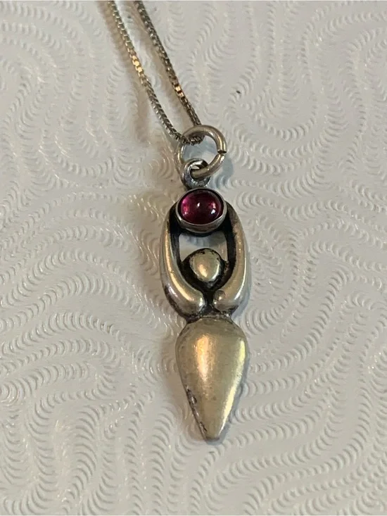 Sterling Silver Goddess Pendant Necklace with Red Cabochon