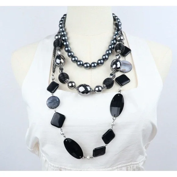 Multi Strand Layering Necklaces (3) Black Silver Chunky Beaded Bold‎ Statement