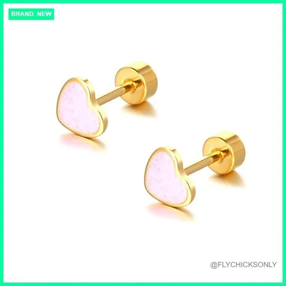 Titanium Heart Love Earrings 18g 14k Gold Plated Hypoallergenic Stud