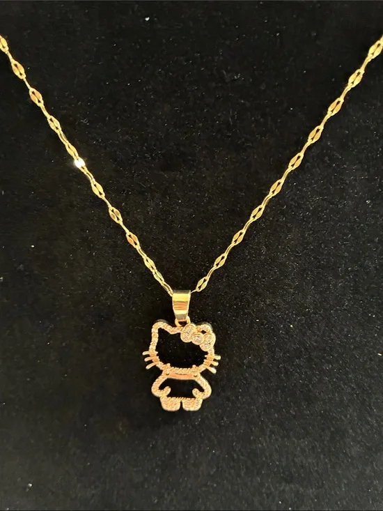 Hello Kitty Inspired Gold Tone Crystal Pendant Necklace - Gold