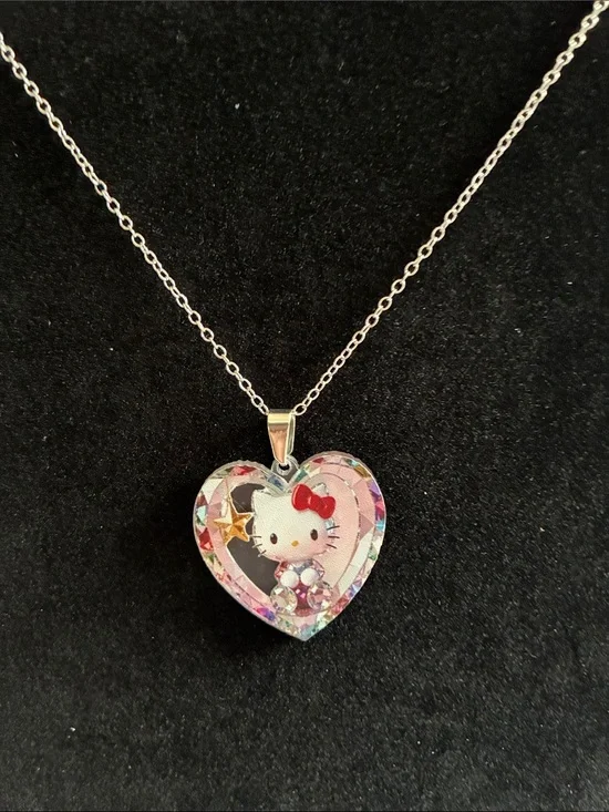Hello Kitty Heart Pendant Necklace - Pink Red Silver