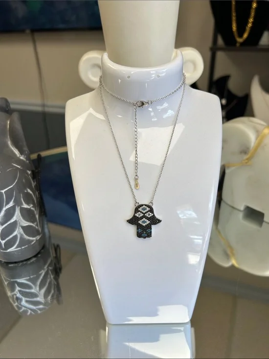 Silver Hamsa Pendant Necklace with Black and Blue Accents - Women Jewelry