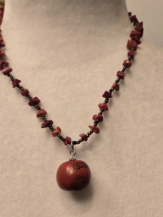 Vintage Red Bead Necklace with Round Red Pendant