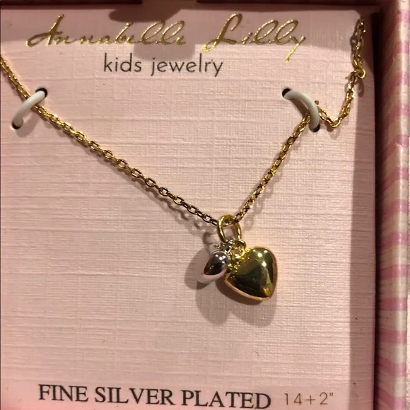 Fine silver plated silver and gold puffy heart pendant 14” kids‎ necklace new
