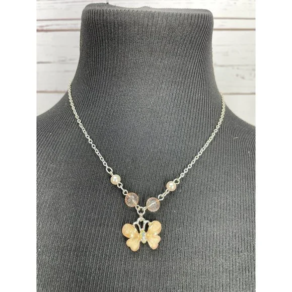 Clair's Girls Peach Pink Glitter Butterfly‎ Pendant Silver Fashion Necklace