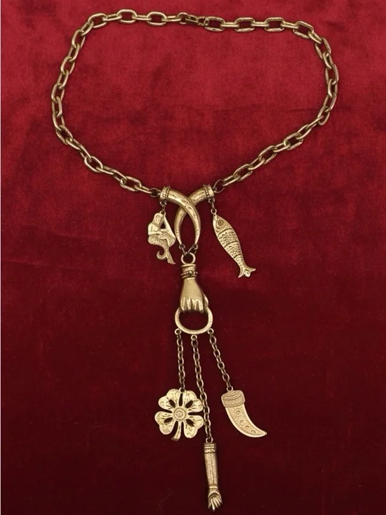 Vintage Gold-tone Hand Charm Talisman Necklace, Fish, Mermaid, Clover