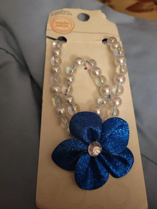 wonder nation Blue Glitter Flower Necklace and Bracelet Set