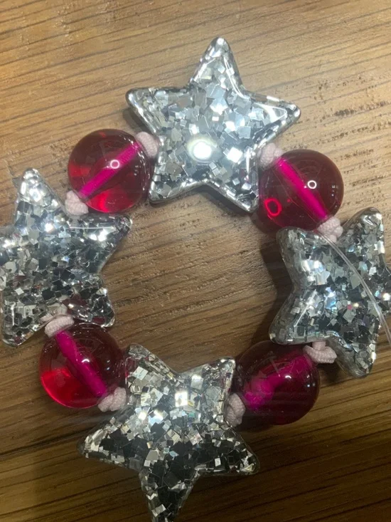 NWT Sparkly Glitter Star and Pink Beaded Elastic Adjustable Bracelet