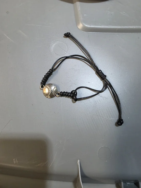 Adjustable Black Cord Bracelet with Silver Baseball Charm