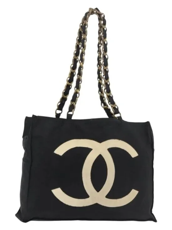 CHANEL COCO Mark Chain Tote Bag Nylon Black Gold CC Auth 165069
