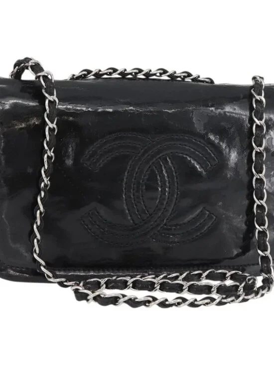CHANEL COCO Mark Chain Shoulder Bag Patent leather Black Silver CC Auth 170006